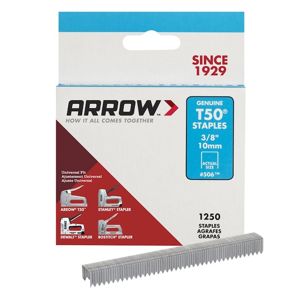 Arrow Fastener Heavy Duty Staples, Flat Crown, 3/8 in Leg L, Steel 50624 - main